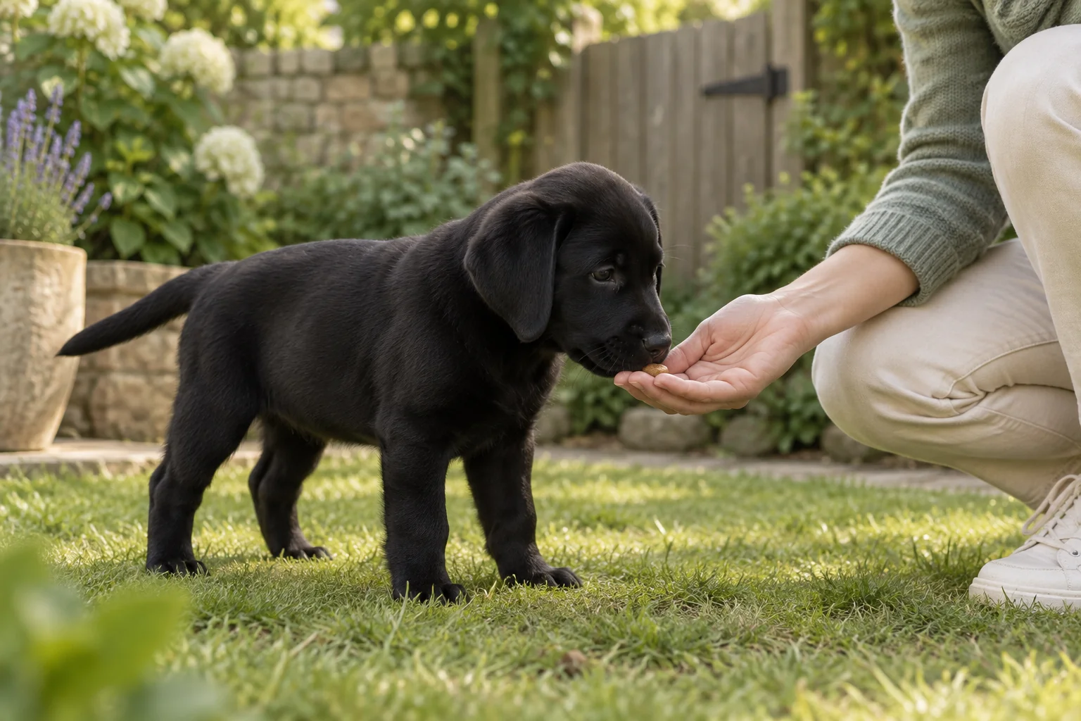 Black puppy accepting a small treat from an adult's low hand while standing on grass.