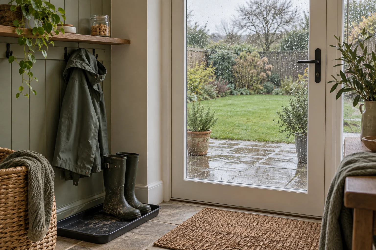 Wellington boots, a waterproof coat and a treat pot prepared beside a garden door on a wet day.