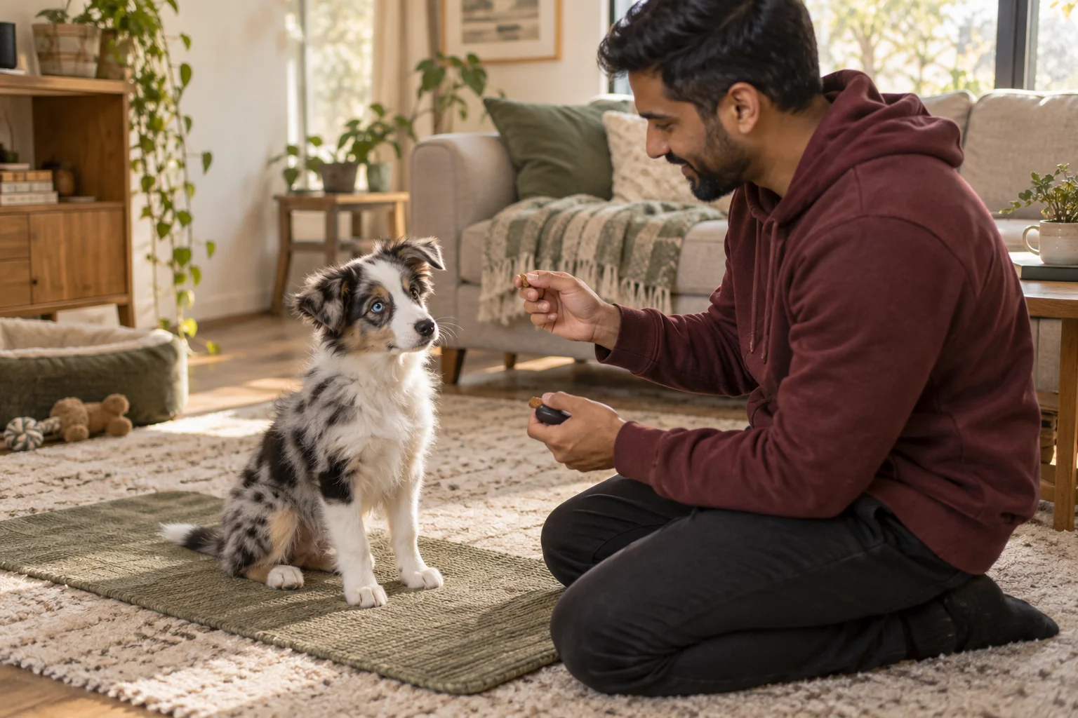 A dog owner marks the exact moment his collie sits calmly.