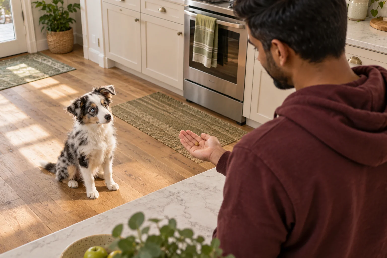 The same owner stands at a kitchen island while his collie waits for a marker-and-reward pairing.