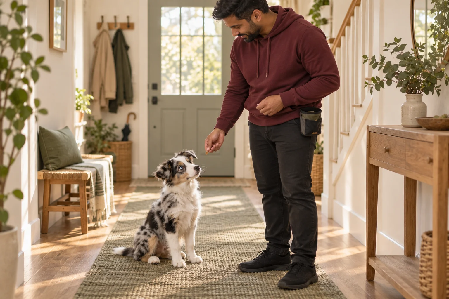The same owner practises a short marker exercise with his collie in a hallway.