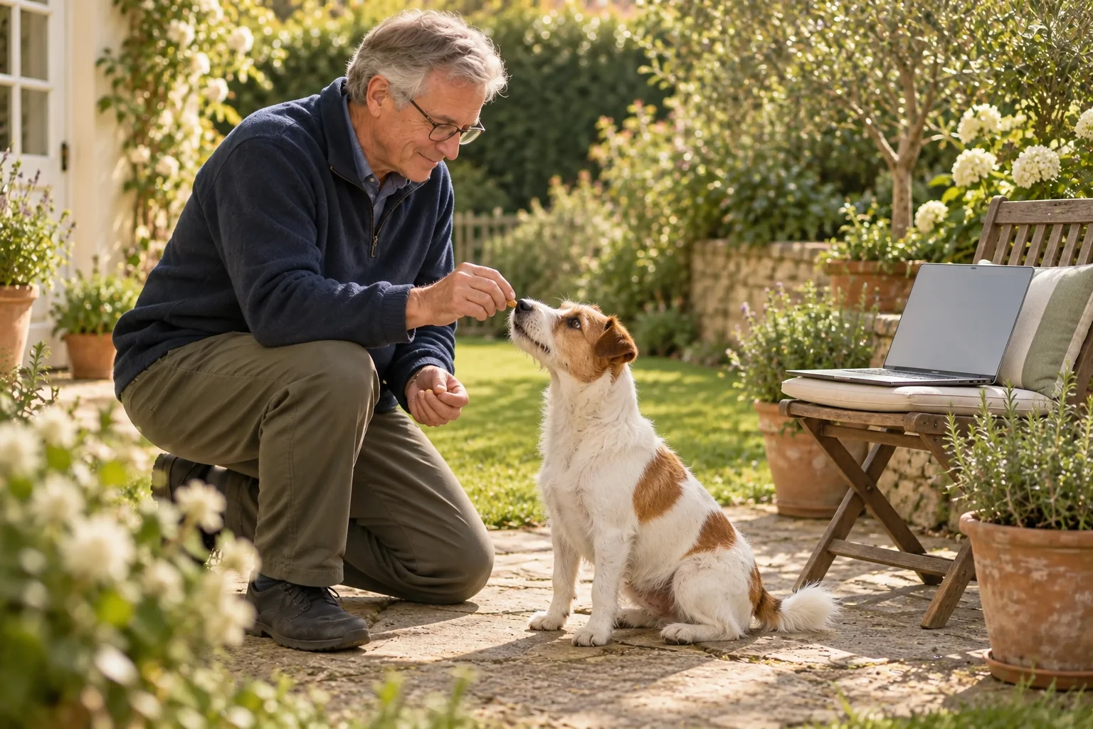The same owner and Jack Russell practising in a garden with a laptop set up nearby.