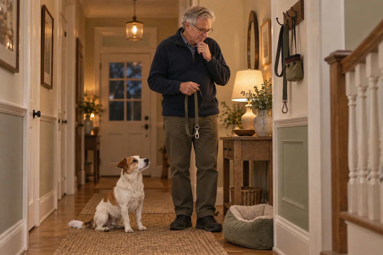 The same owner standing in a hallway with the same Jack Russell and training items ready.