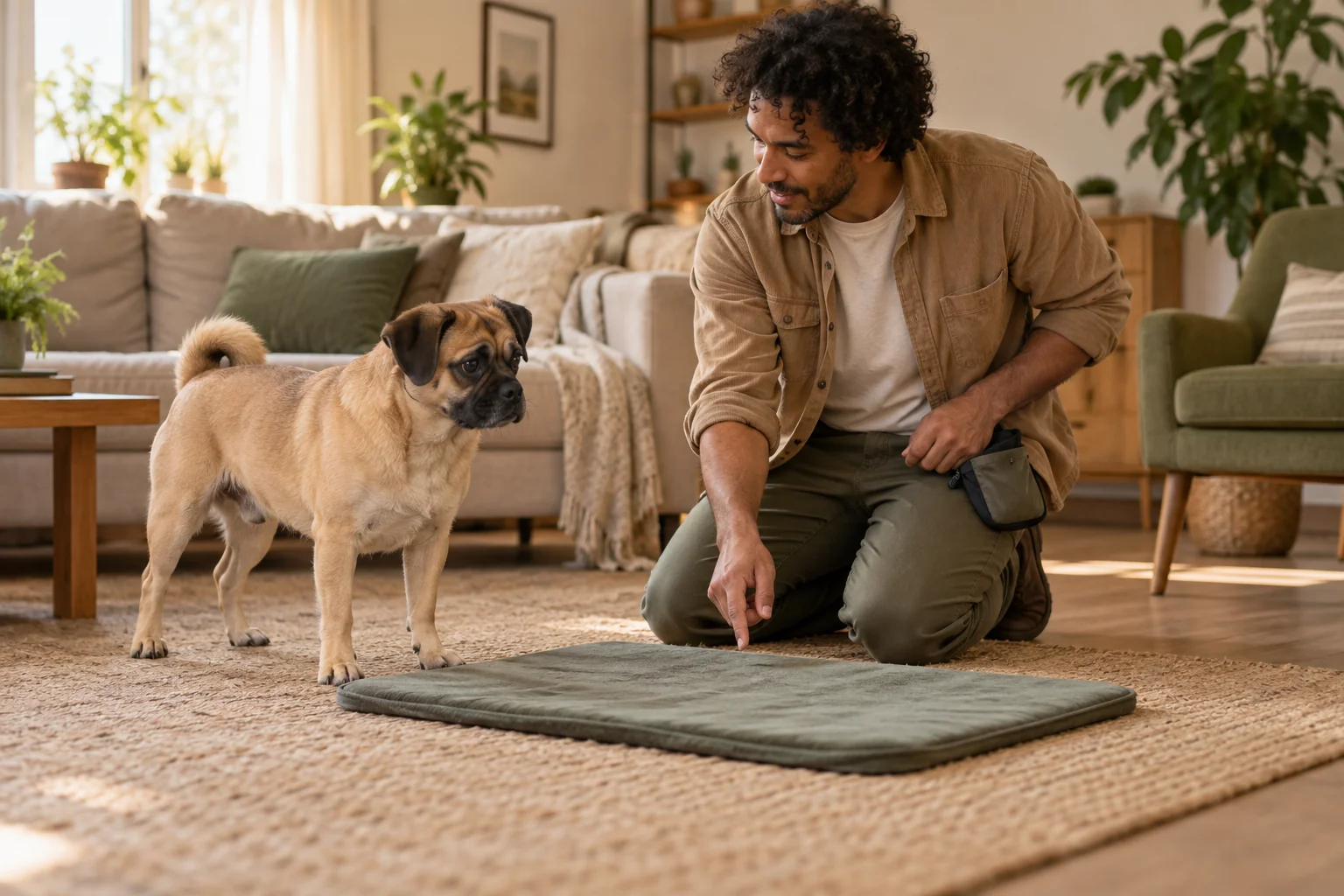 A dog owner prepares one simple training focus with his pug-cross on a mat.