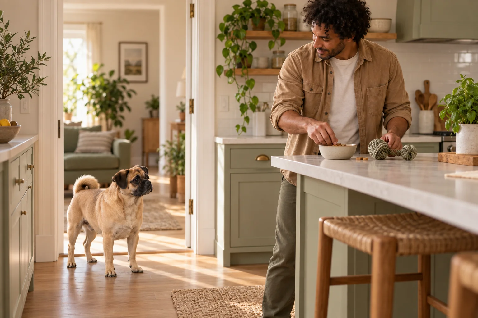 The same owner gathers treats and a toy before inviting his dog into a short session.