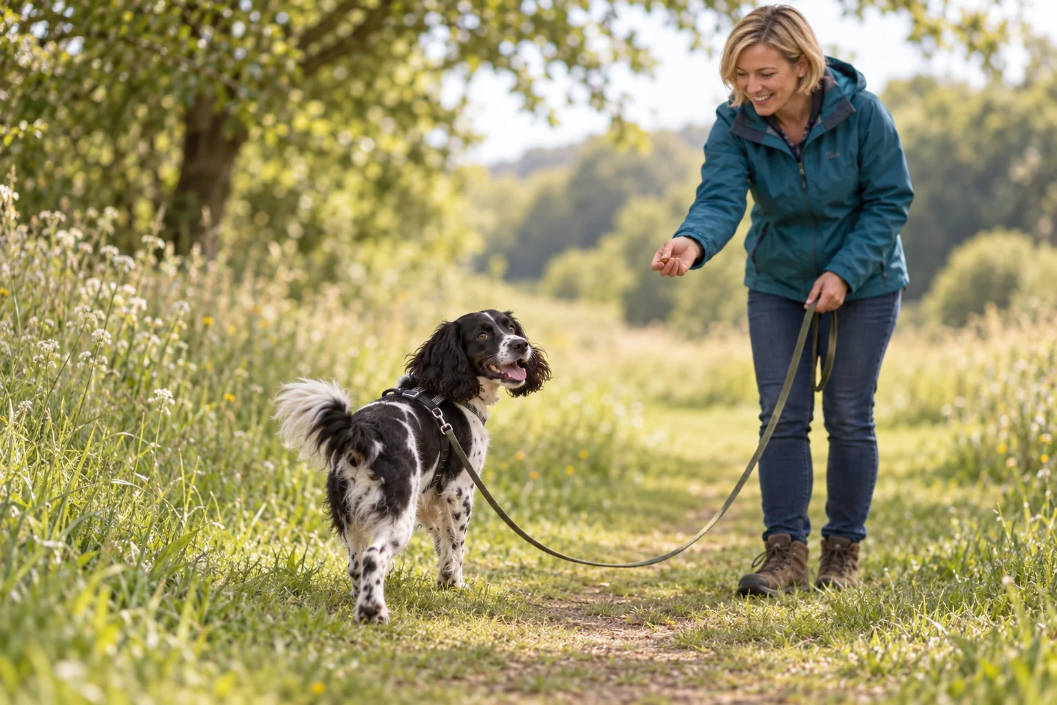 The same spaniel checks in with her owner on a quiet walk and is rewarded.