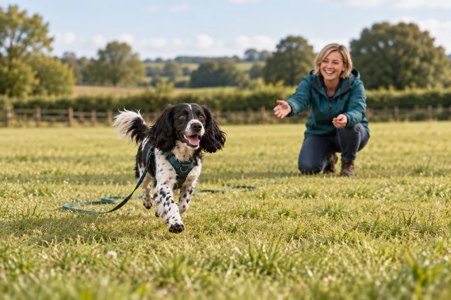 The same owner practises recall on a slack long line in an open field.