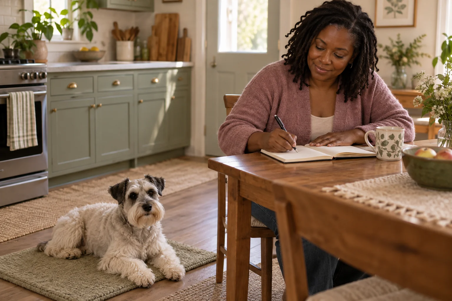A dog owner makes a quick blank note while her schnauzer rests nearby.