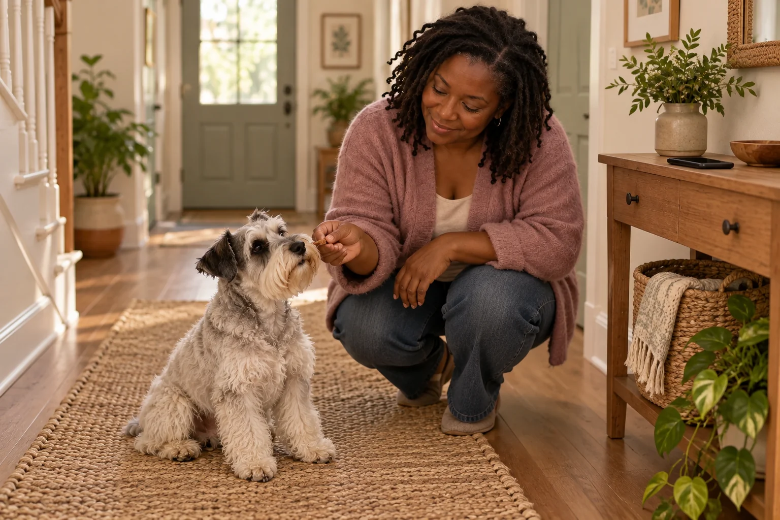 The same owner rewards a clean repetition with her schnauzer in a quiet hallway.