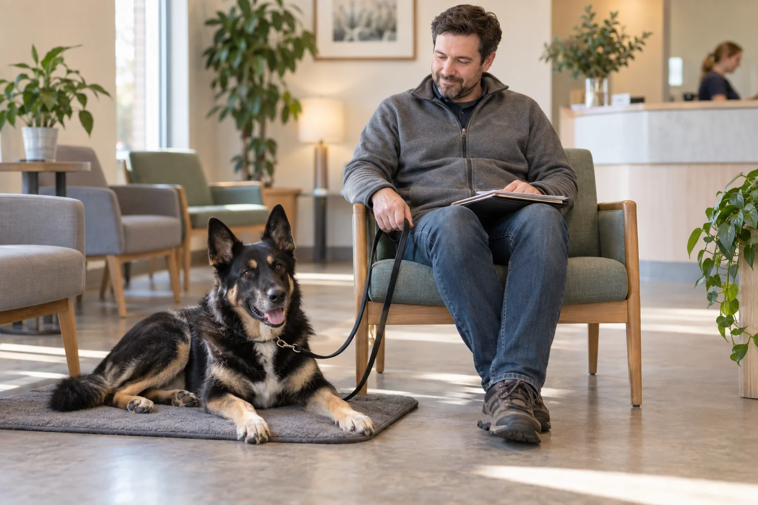 A calm owner waits with his dog for a veterinary check after a behaviour change.