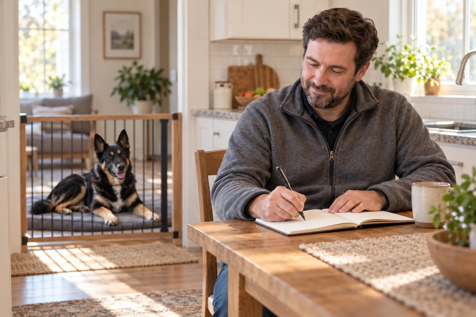 The same owner prepares a simple blank behaviour record while his dog rests nearby.