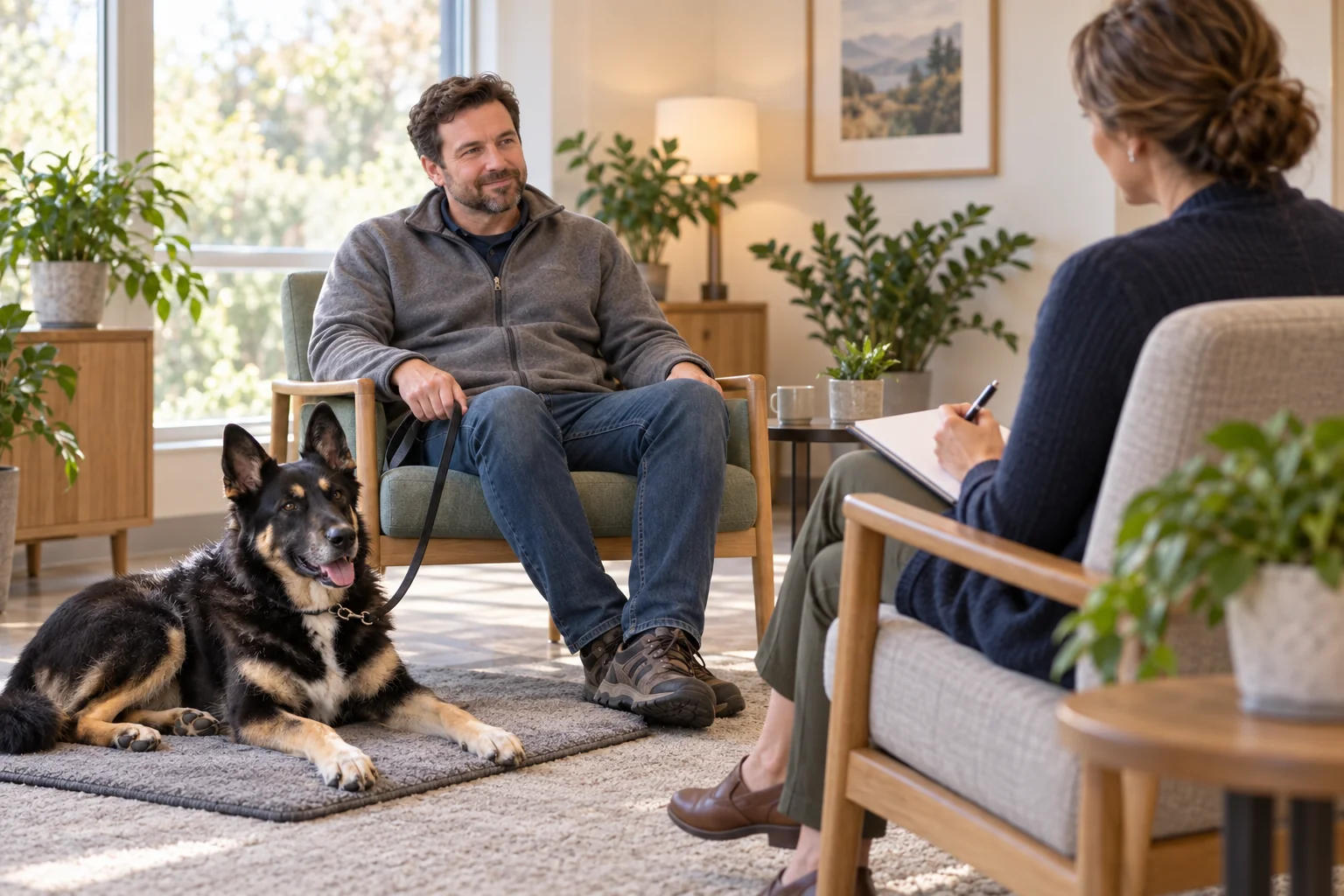 The same owner and dog meet calmly with a reward-based professional in a quiet room.
