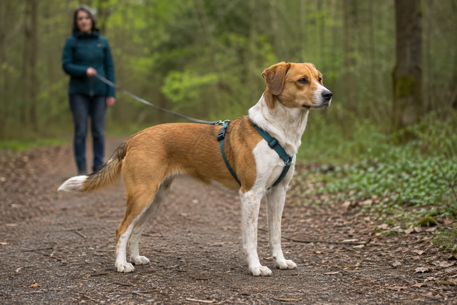 A dog standing on a woodland path while its owner holds a loose lead behind