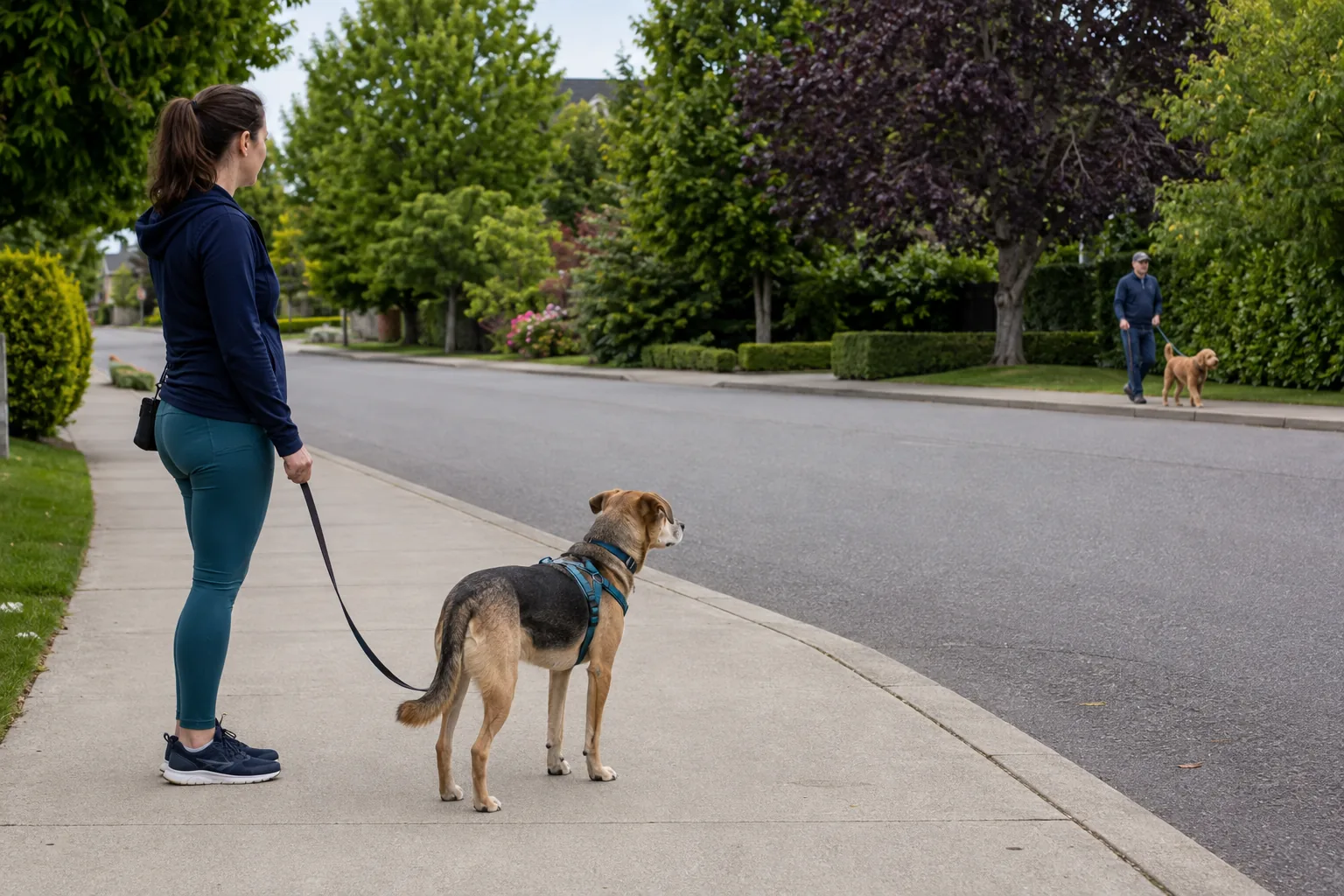 An owner and dog watching another leashed dog from across a quiet road