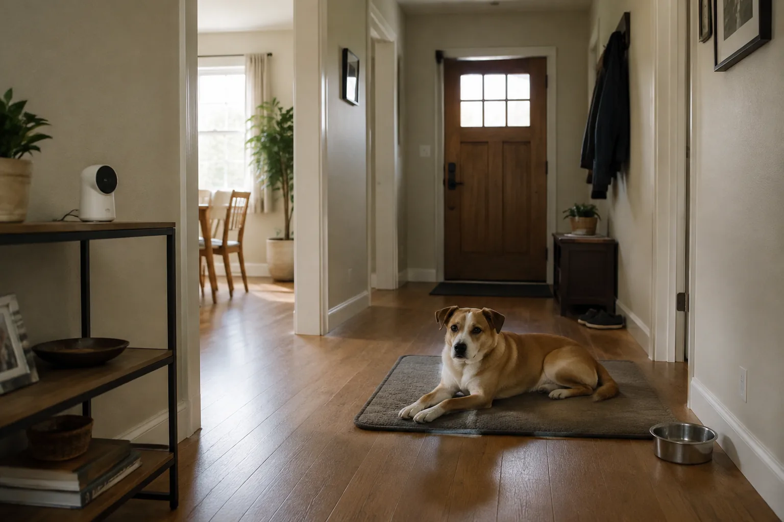 A relaxed dog resting in a hallway near a pet camera and closed front door