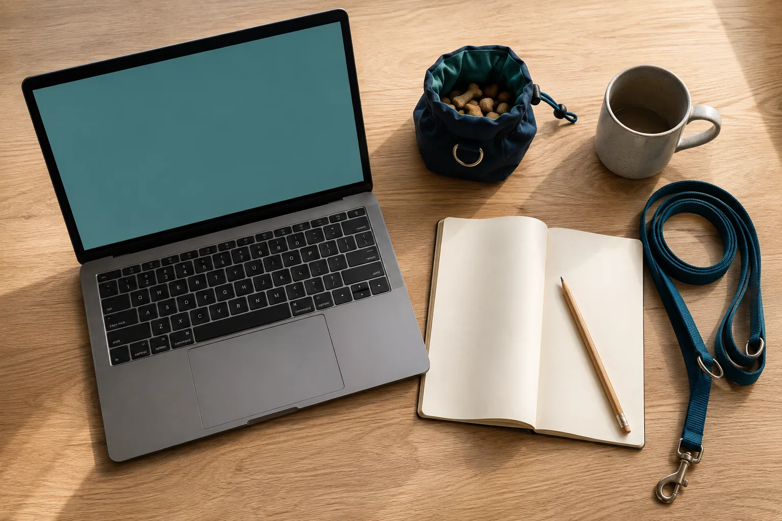 Laptop, notebook, dog lead and treat pouch arranged for comparing online training information
