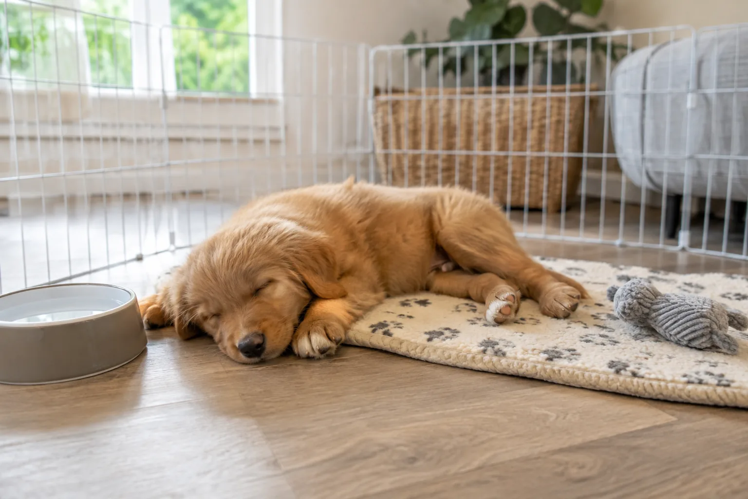 A young puppy sleeping beside water and a toy in a safe pen area