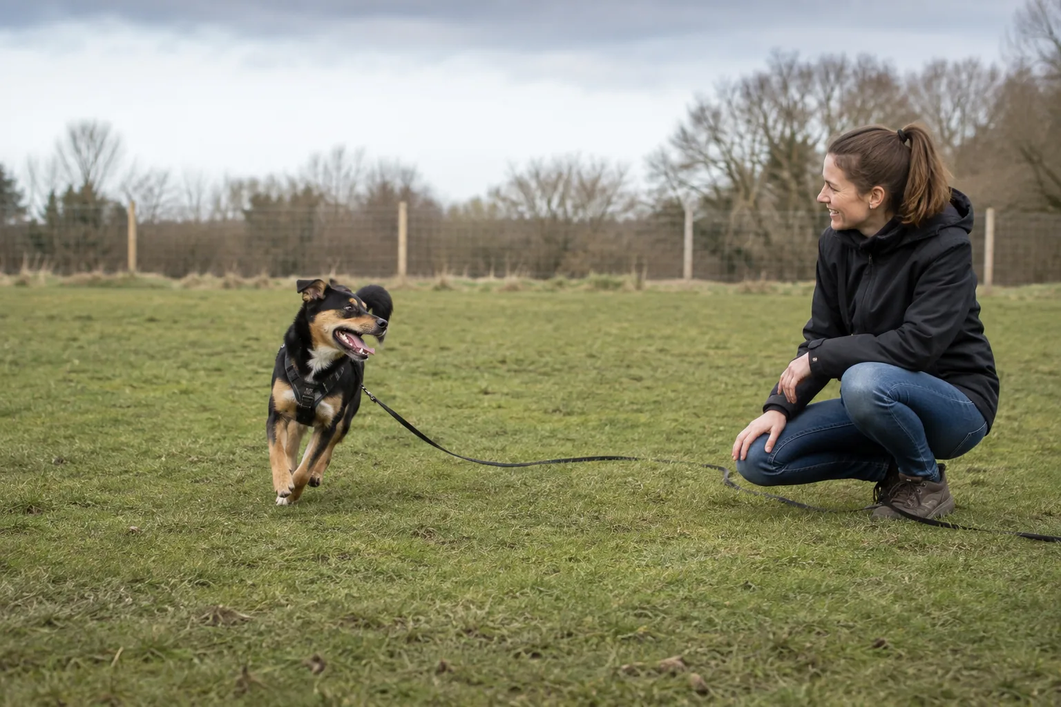 A dog returning to its owner while practising safely on a long line in a fenced field